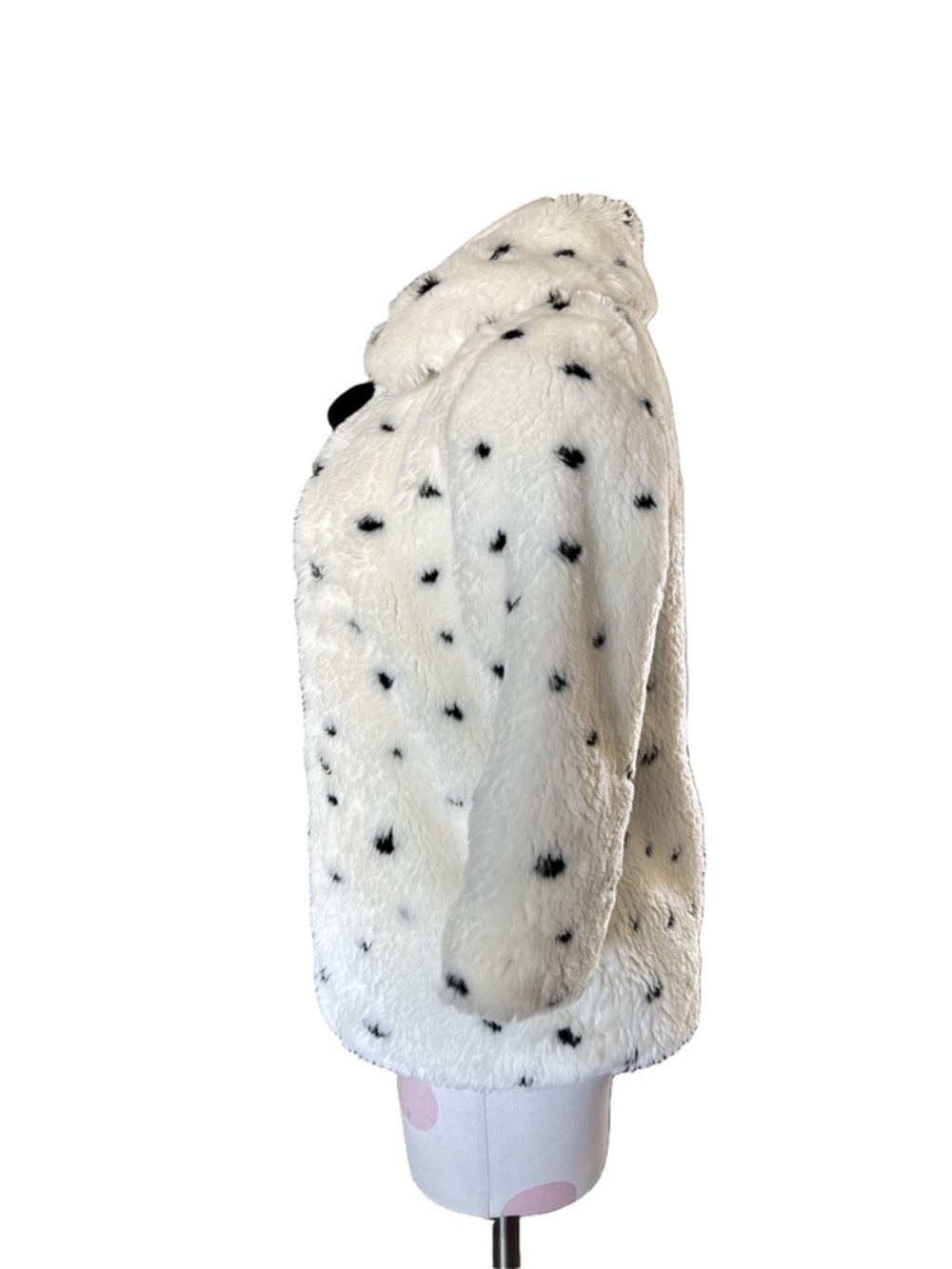 Girls Faux Fur Coat - White Black Polka Dot - 6X Kids - Picture 3 of 7